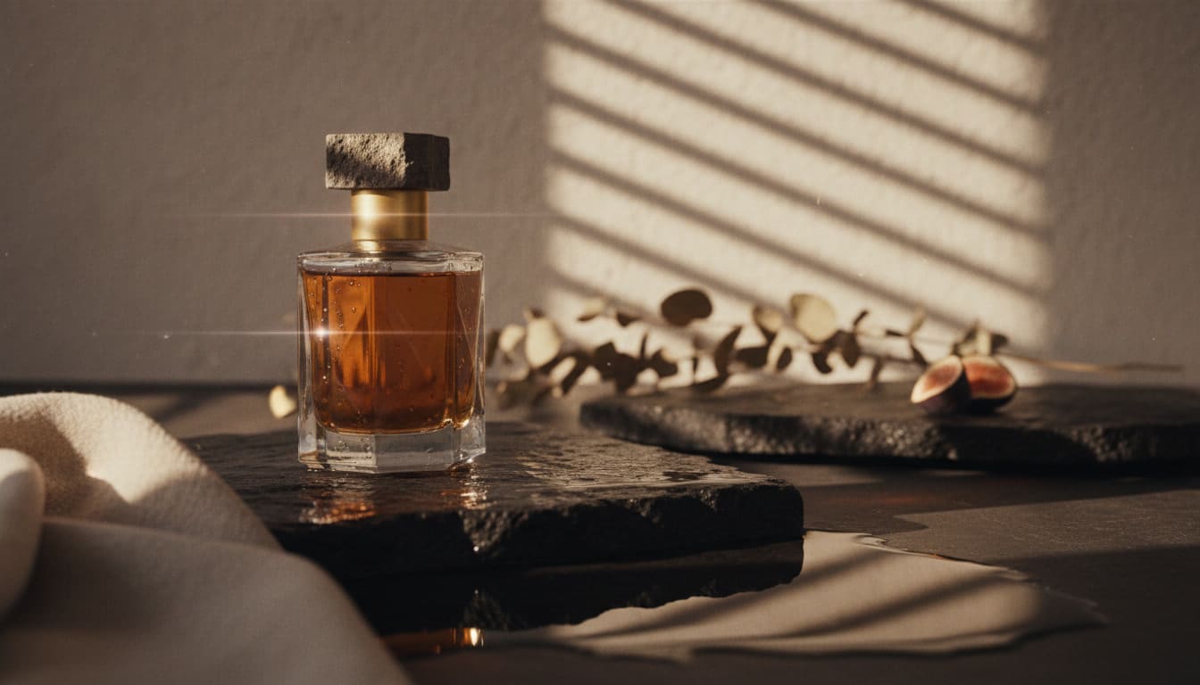 A faceted glass fragrance bottle on wet volcanic stone, hard slatted sunlight striping the plaster wall behind it, generated with Matchko.